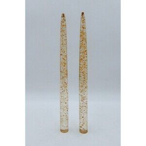Clear Lucite Acrylic Faux Taper Gold Flake Candle Stick 11.5 Inch Pair MCM S/2